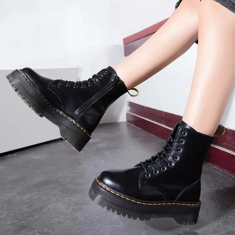 Damen Plateaustiefel Leder Elegant Hoch