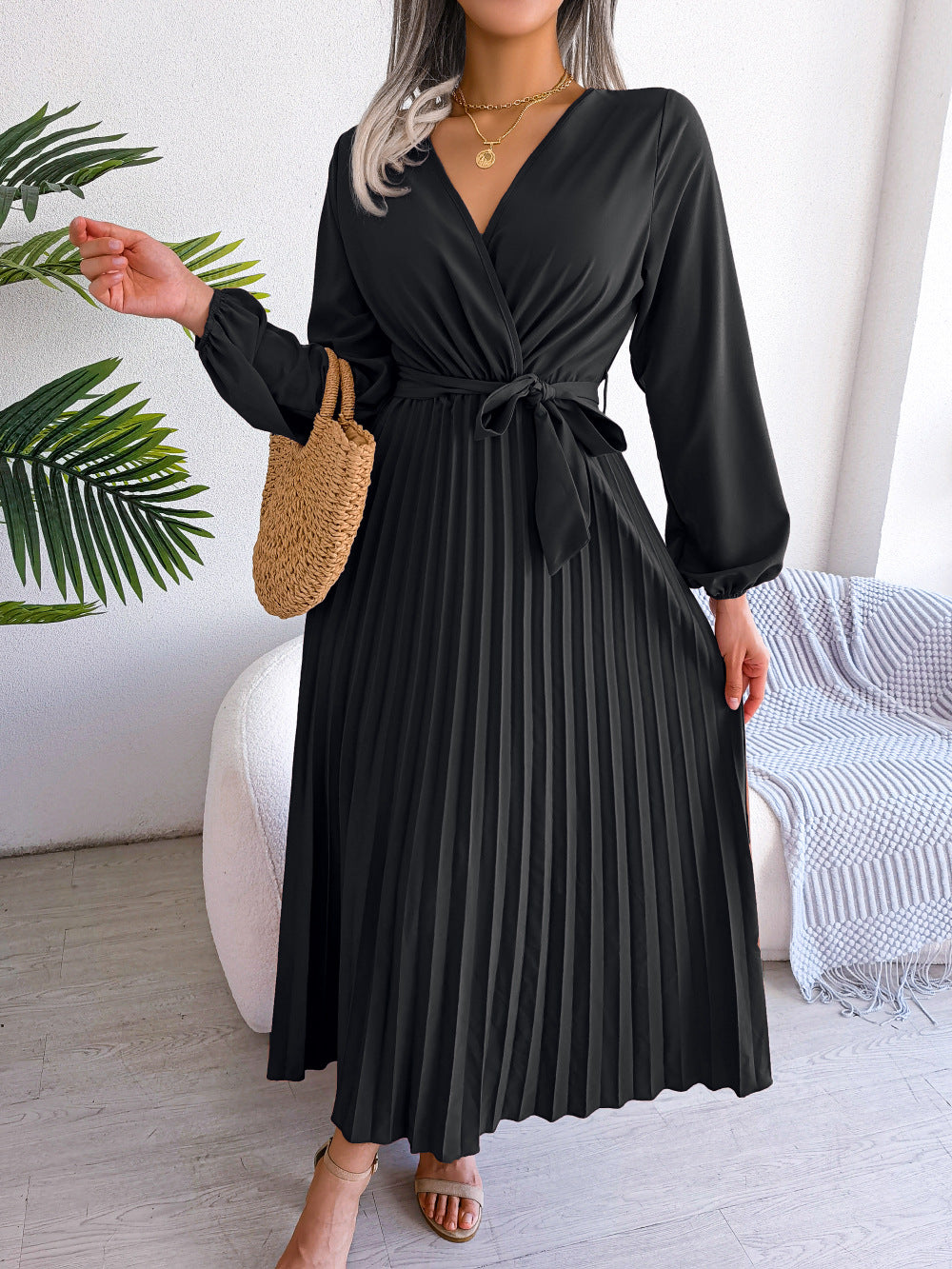 Damen Maxikleid Plissee Gürtel Langkleid