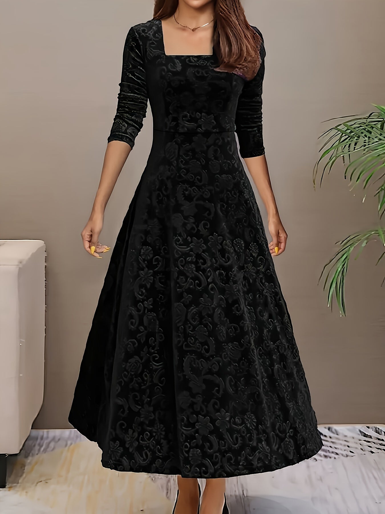 Damen Abendkleid Floral Samt Elegant