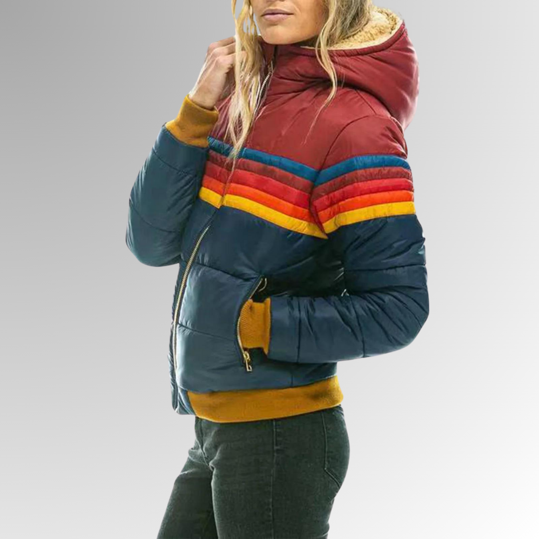 Damen Winterjacke Streifenmuster Warm Kapuze