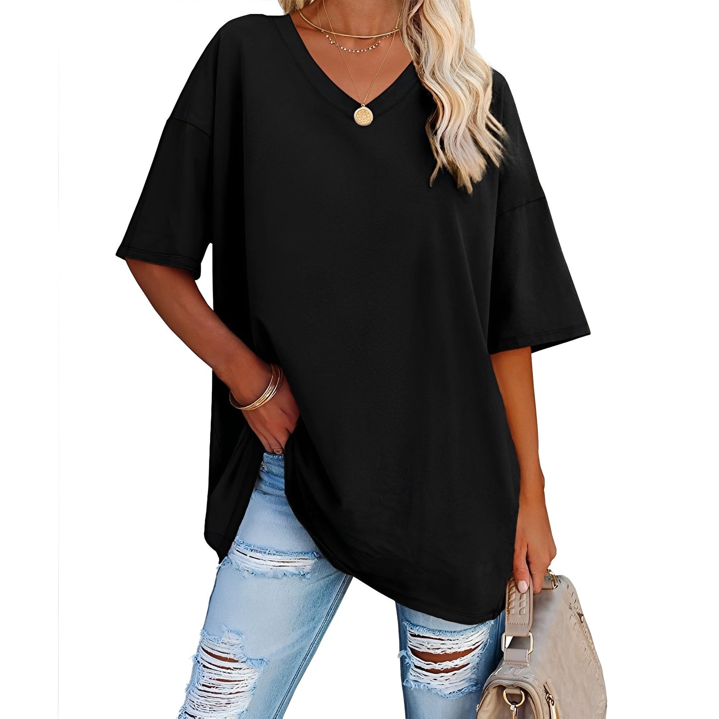 Damen V-Ausschnitt Shirt Lässig Baumwolle