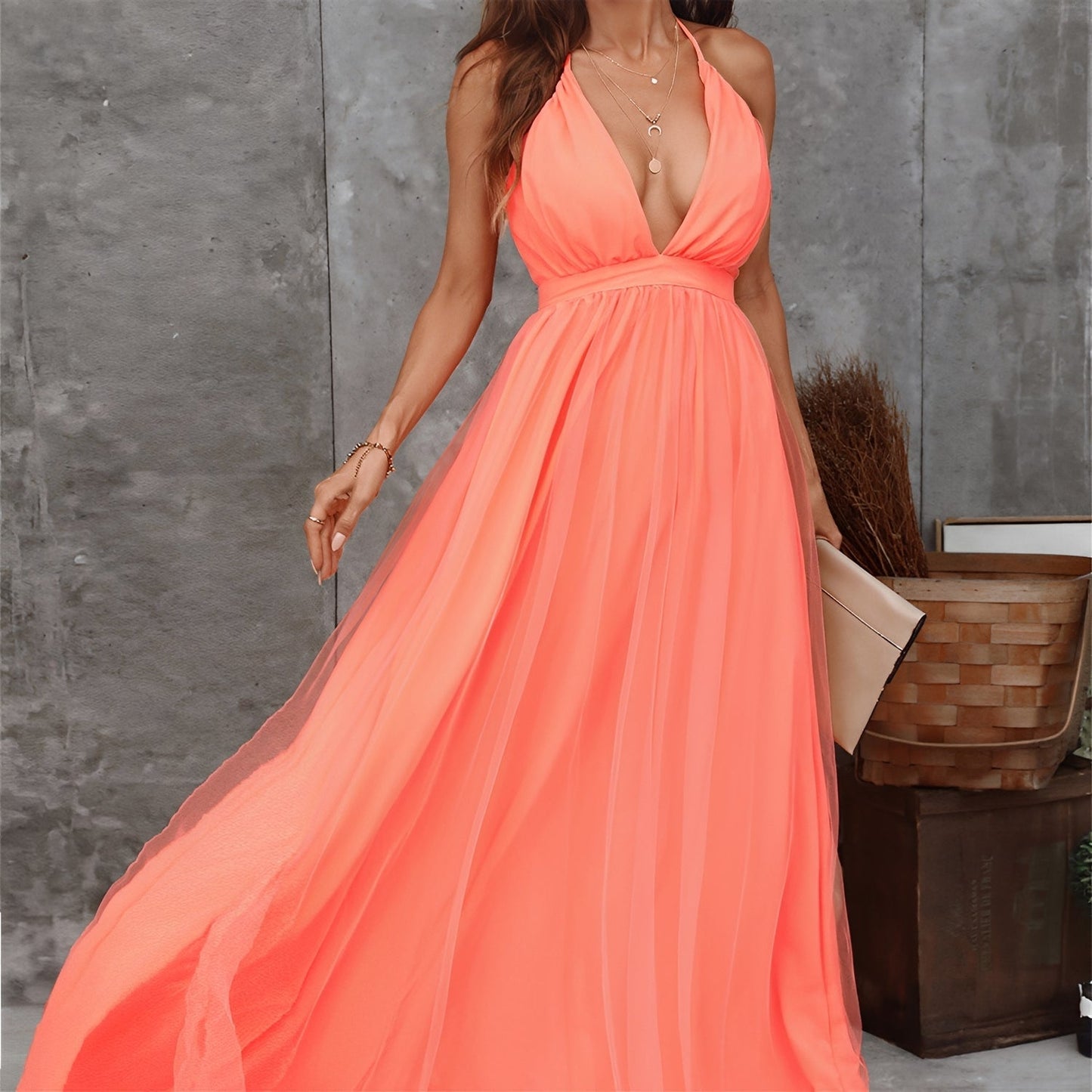 Damen Abendkleid Lang V-Ausschnitt Elegantes