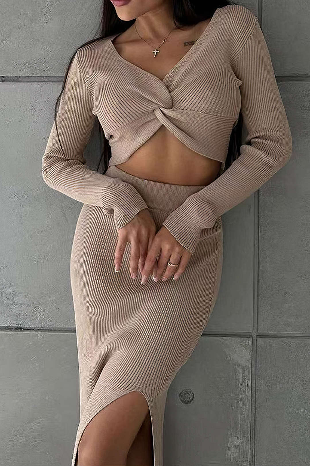 Damen Zweiteiler Set Twist Detail Schlitzrock