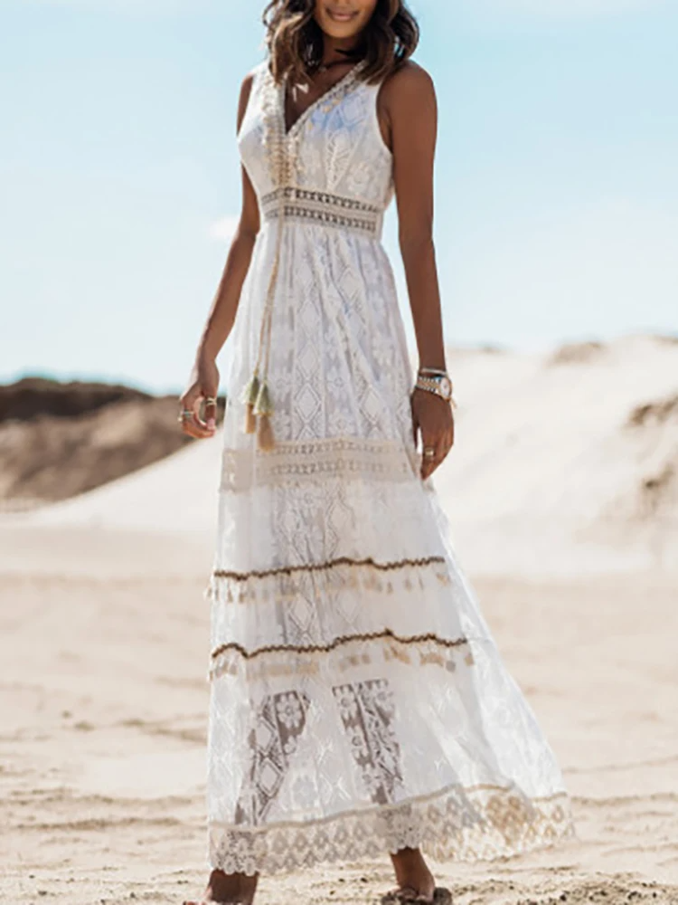 Damen Langarm Maxikleid Boho Chic Sommerkleid
