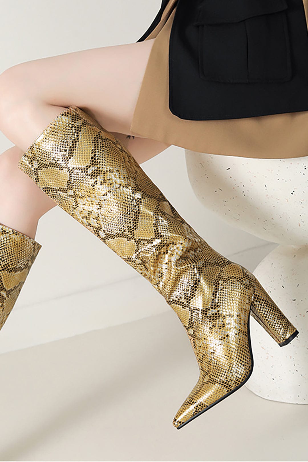 Damen Stiefel Schlangenlederoptik Elegant Gold