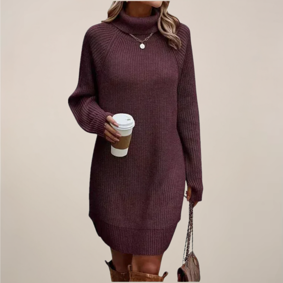 Damen Langarm Pulloverkleid Rollkragen Warm