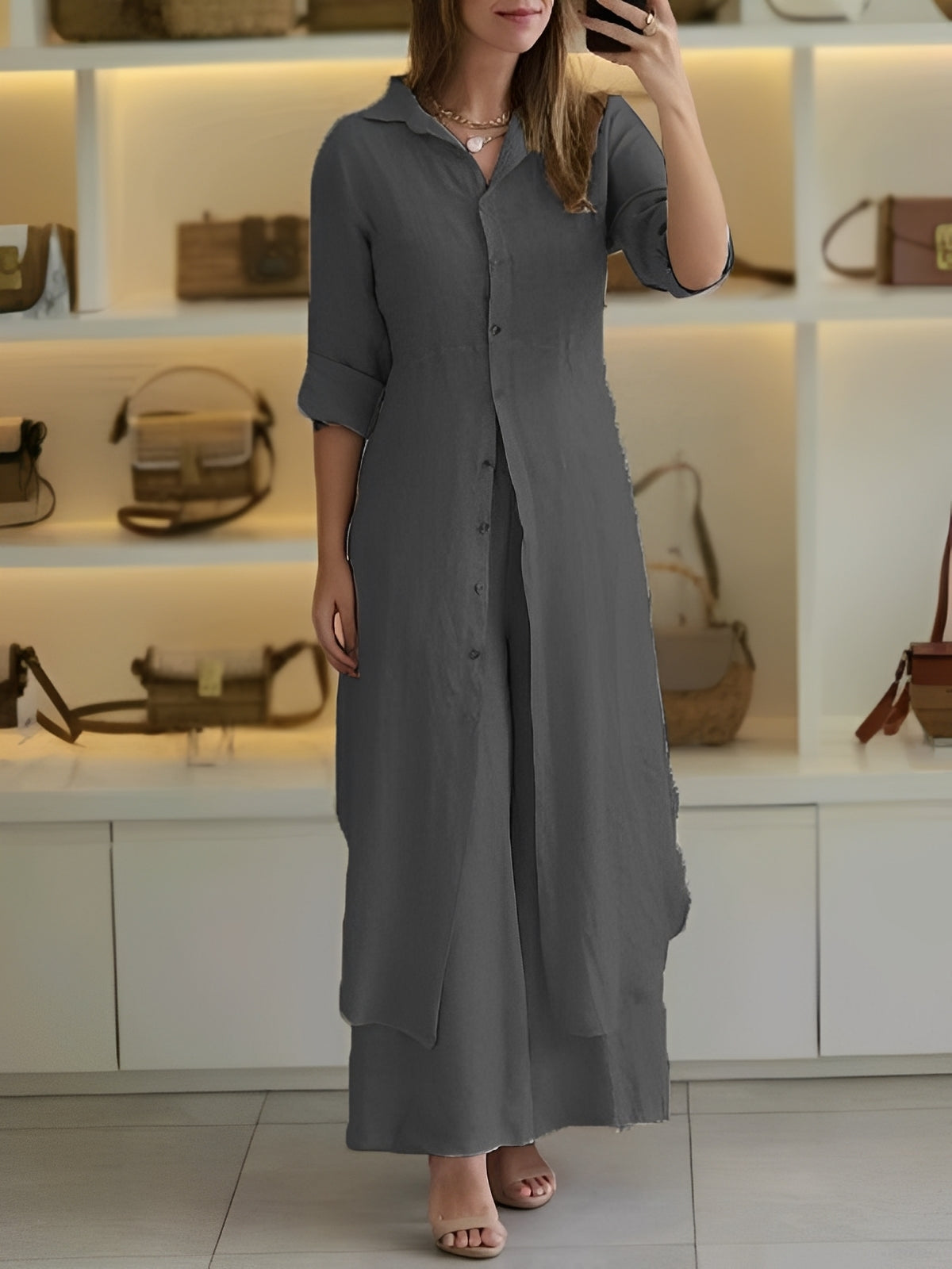 Damen Elegantes Langärmelhemd Set Zweiteiler