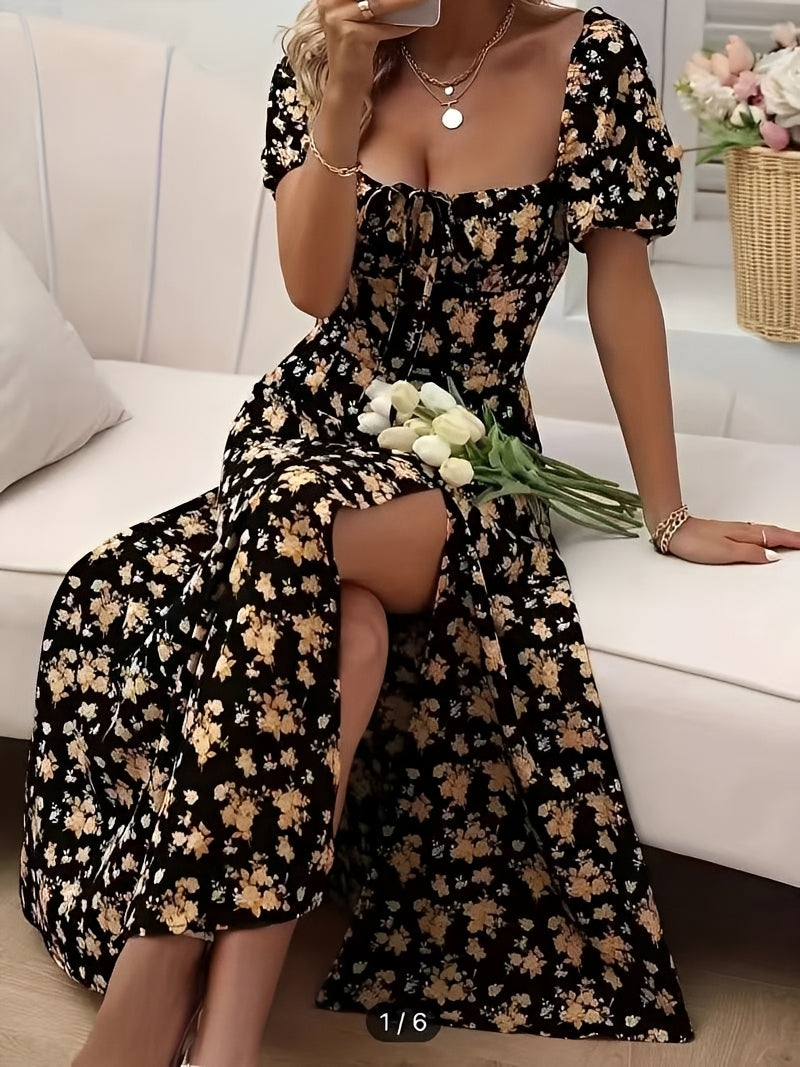Damen Kleid Blumenmuster Mit Schlitz Modern
