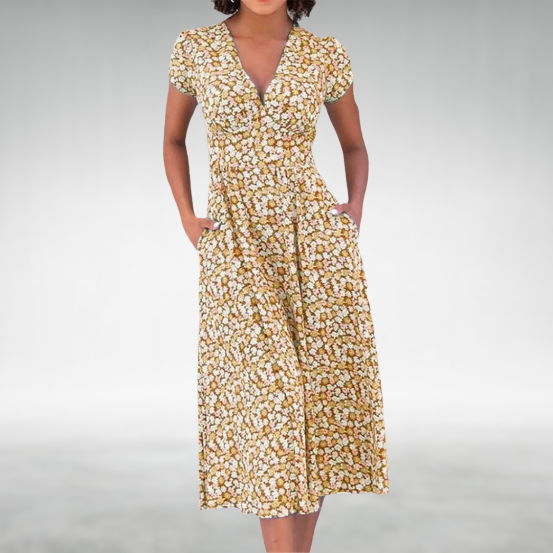 Damen Sommerkleid Blumenmuster Midi V-Ausschnitt mit Taschen