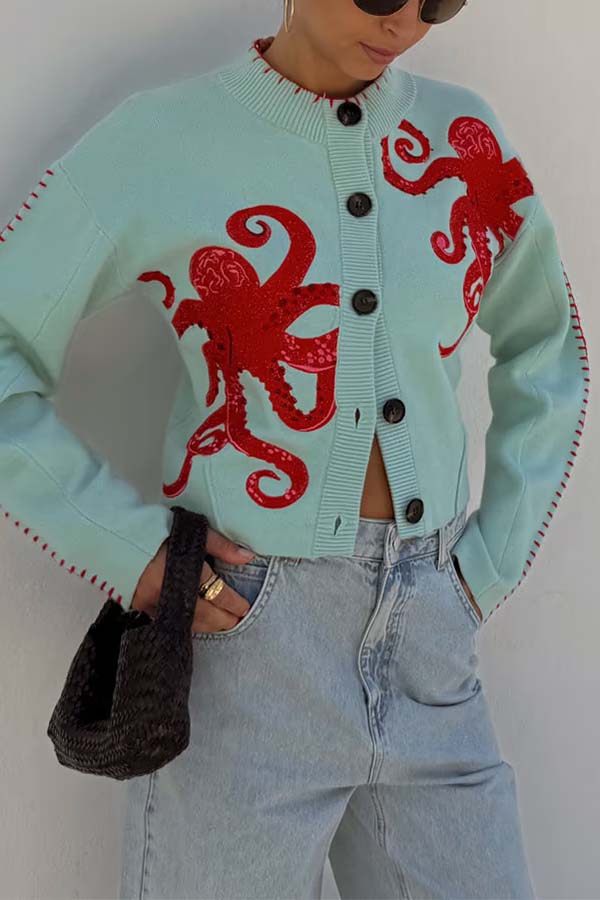 Herren Strickjacke Oktopus Motiv Kontrast