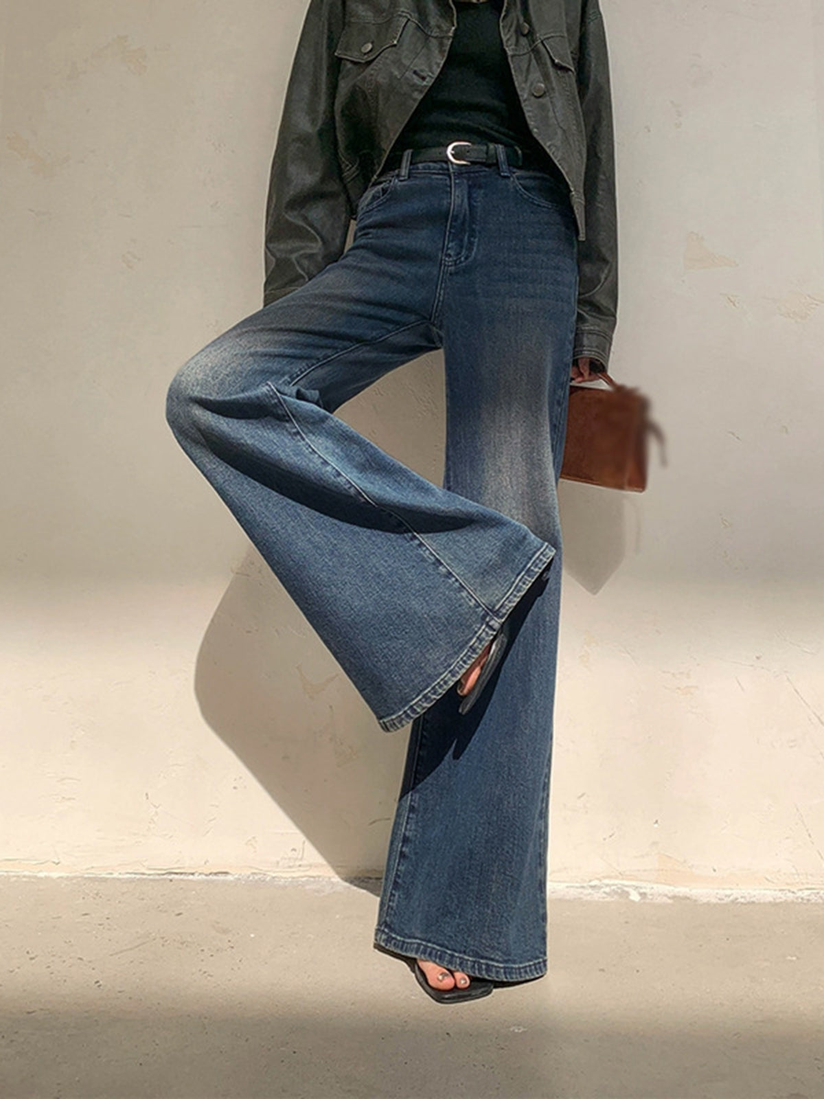 Damen Hochtaillie Schlagjeans Weit Bequem