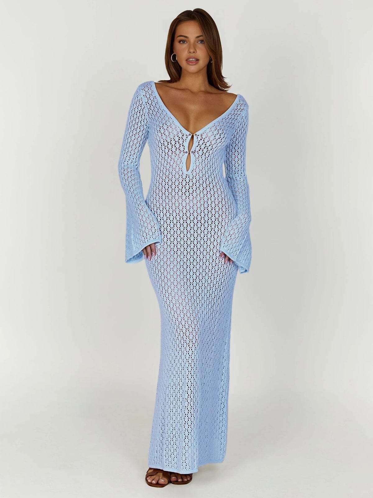 Gehäkeltes Damen Maxikleid V-Ausschnitt Lang Sommerkleid