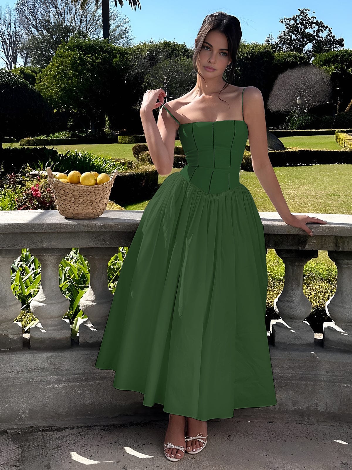 Damen Midikleid Spaghettiträger Corsage Elegantes Kleid