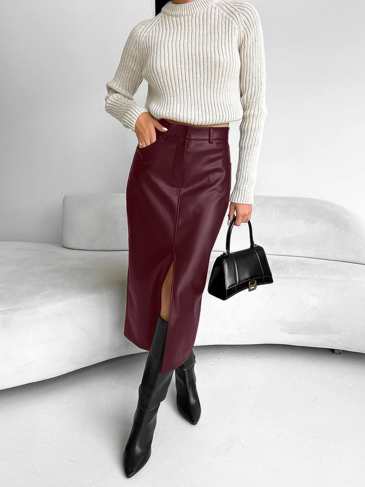 Damen Midi Rock Mit Hochem Schlitz
