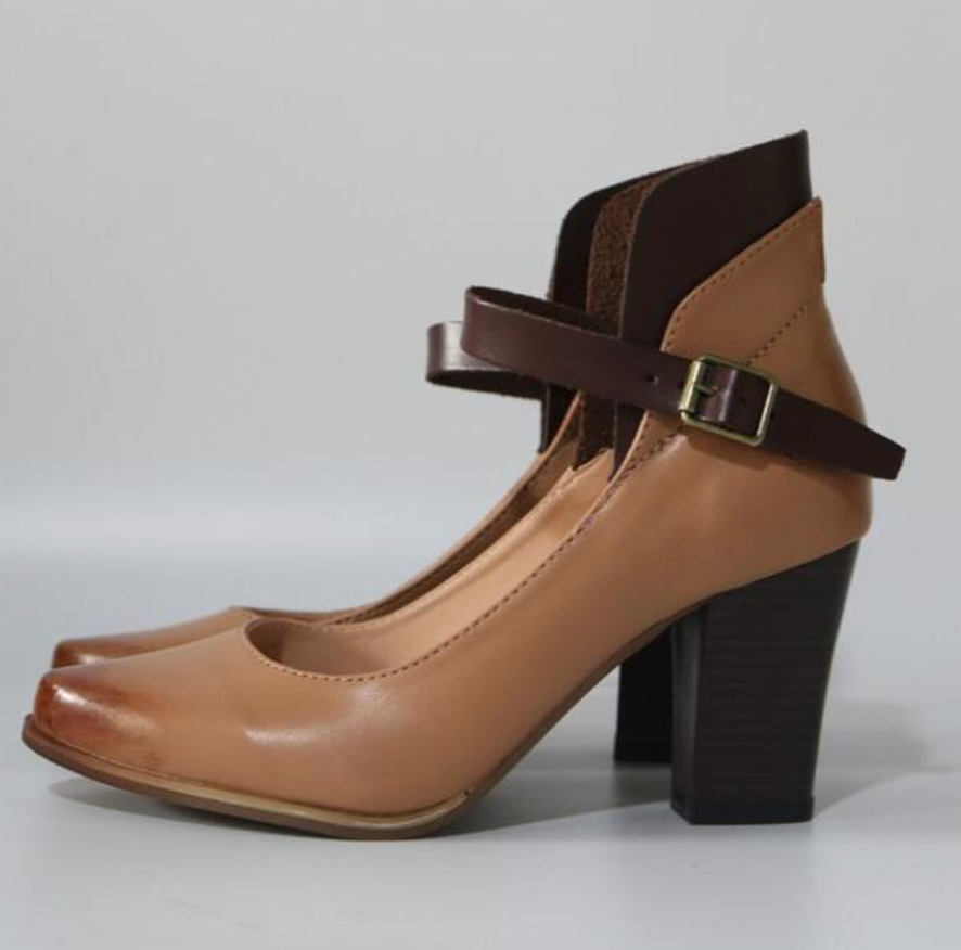 Damen High Heel Pumps Dicker Absatz Knöchelriemen