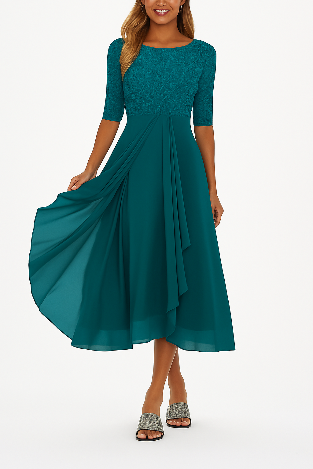 Damen A-Linie Spitzenkleid Midi Elegantes