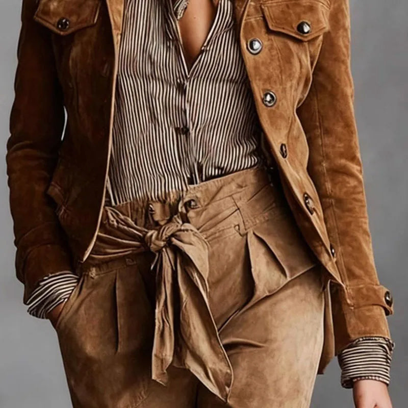 Damen Lederjacke Kurz Wildleder Knöpfe