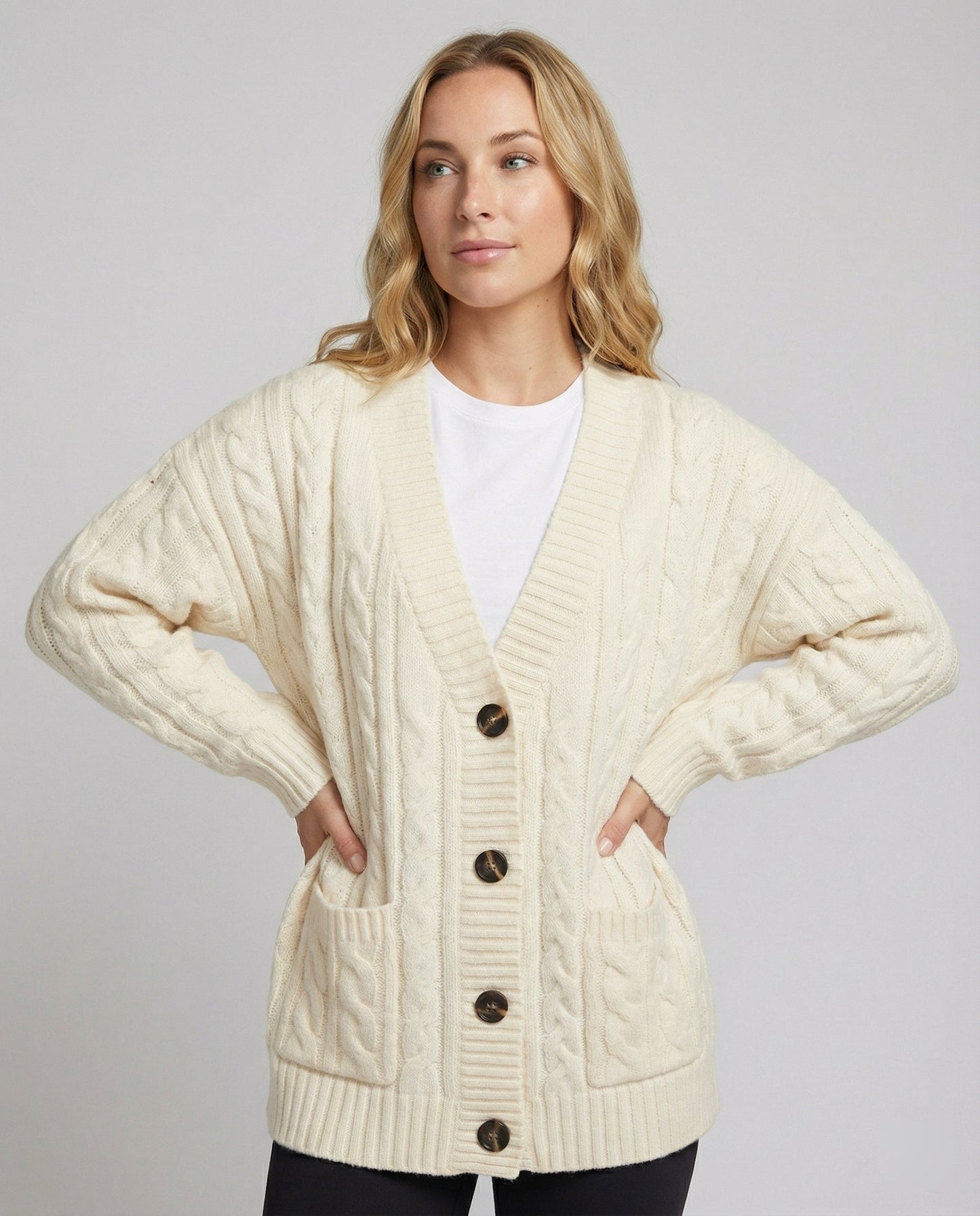 Damen Zopf-Cardigan V-Ausschnitt Knöpfe