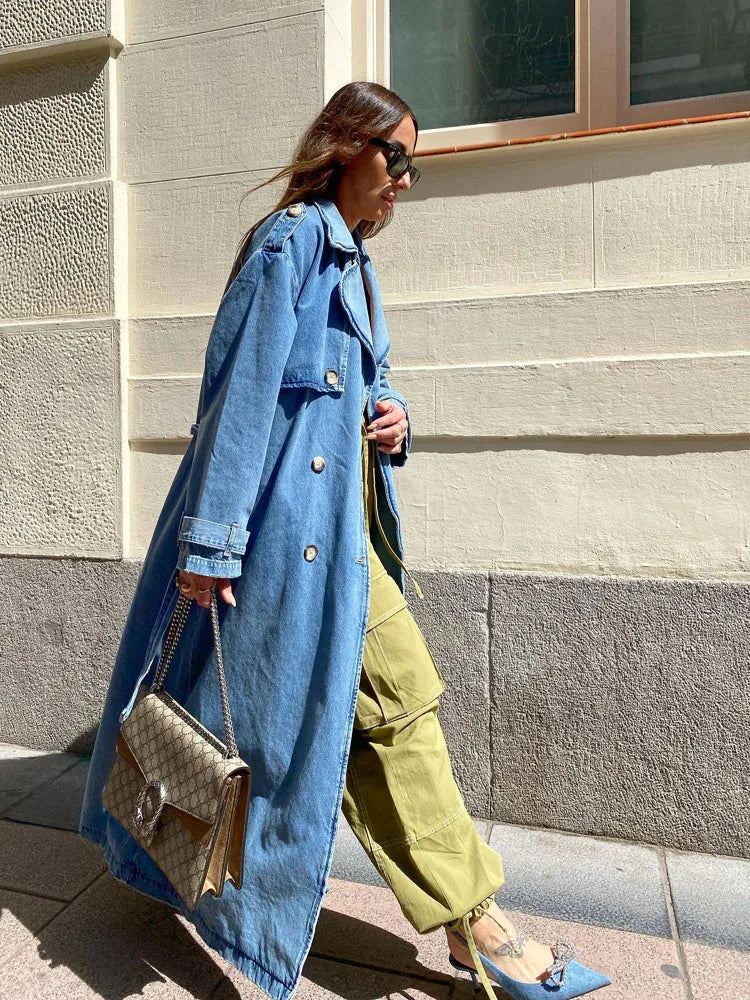 Damen Trenchcoat Lang aus Jeans mit Gürtel Modern
