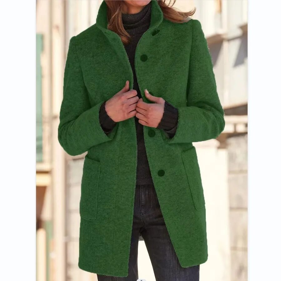 Damen Wollmantel Grau Warm mit Taschen und Hochkragen