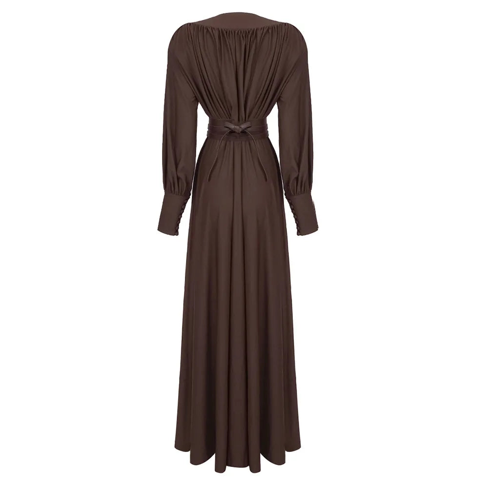 Damen Maxi-Kleid V-Ausschnitt Taillenband