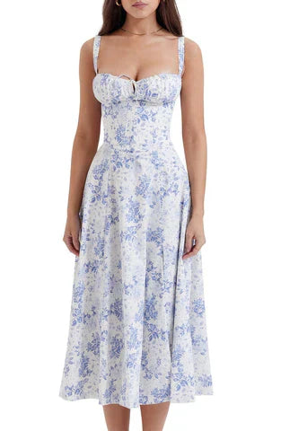 Damen Midikleid Blumenmuster Blau
