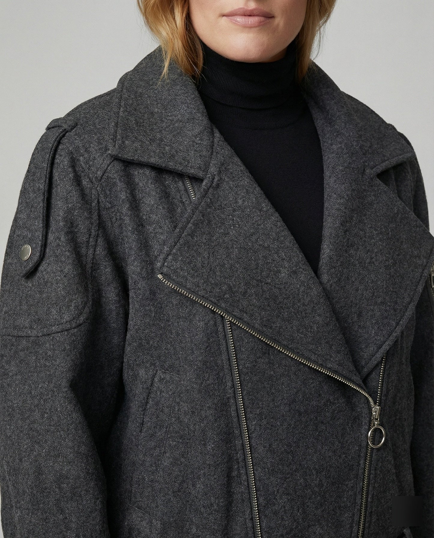 Damen Lederbikerjacke Großes Revers Mit Taillengürtel