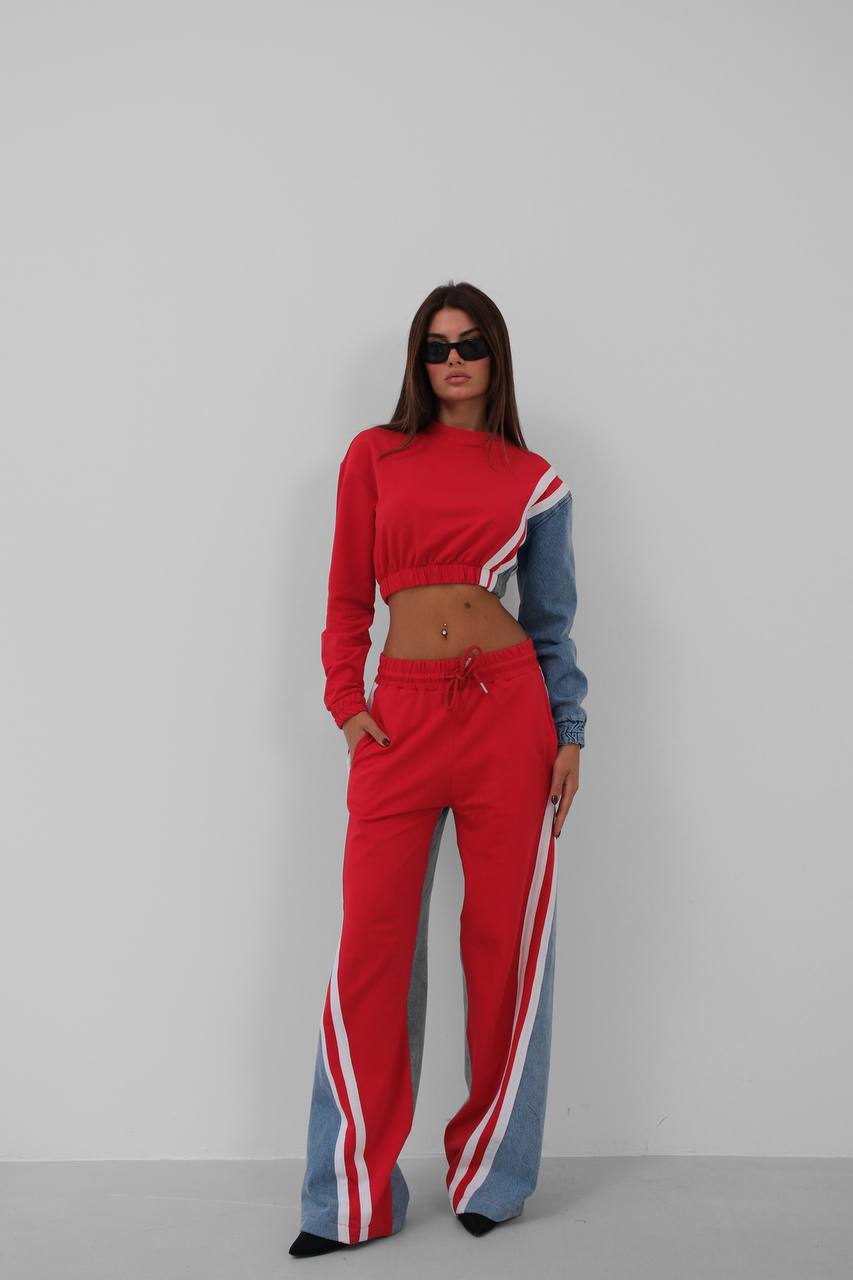 Damen Tracksuit Set Colorblock mit Jeansdetails