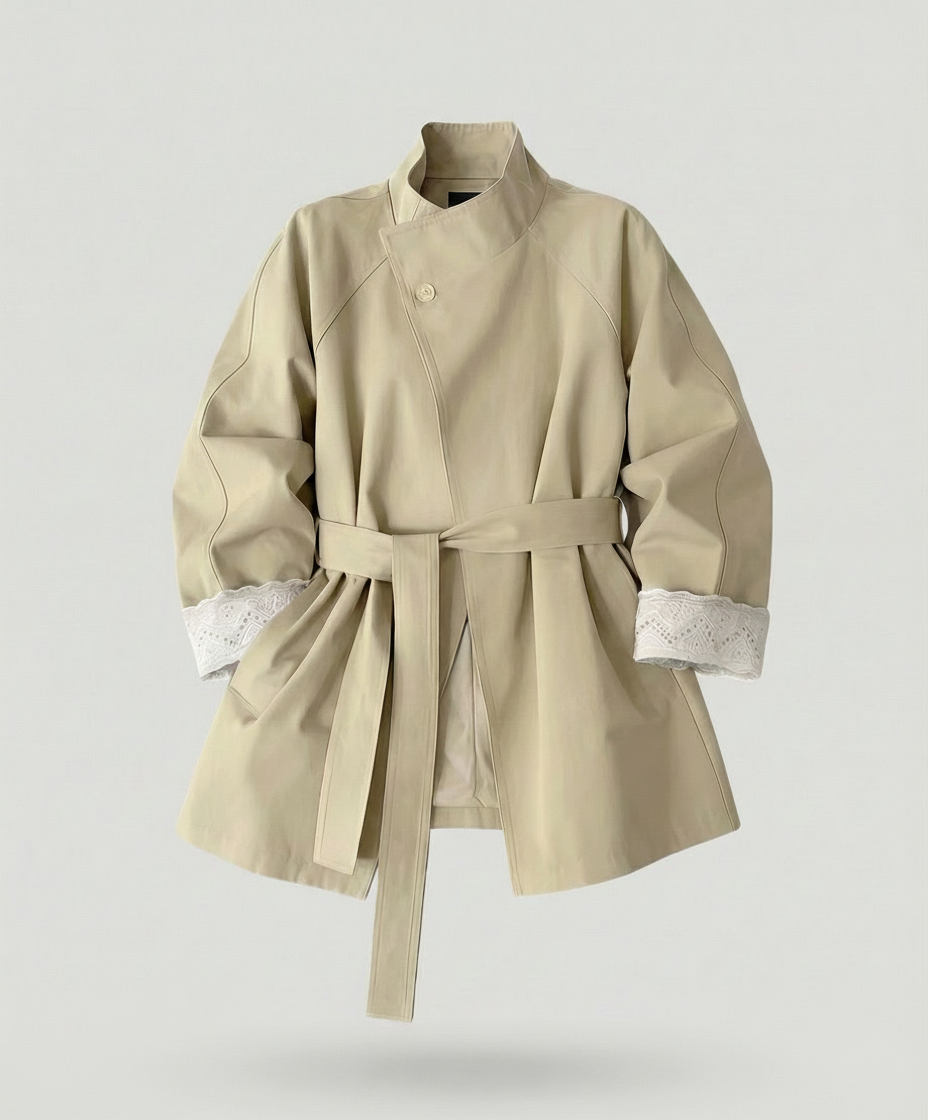 Damen Trenchcoat Tailliert Spitze Stehkragen