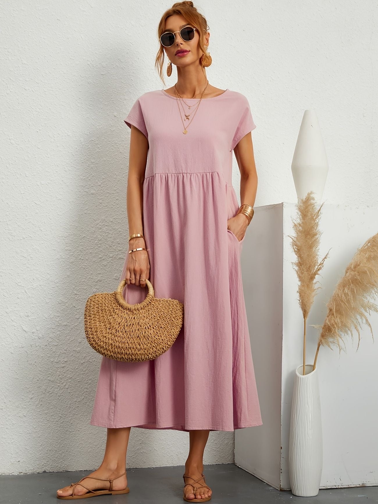 Damen Sommerkleid Rundhalsausschnitt Elegantes Kleid