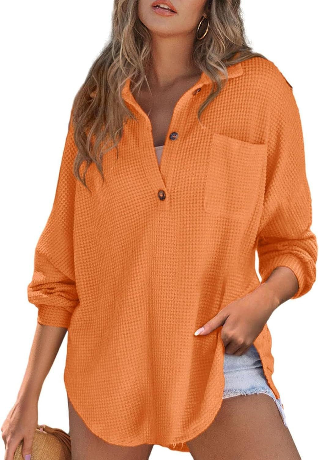 Damen Oversized Baumwollhemd mit Brusttasche und Knöpfen