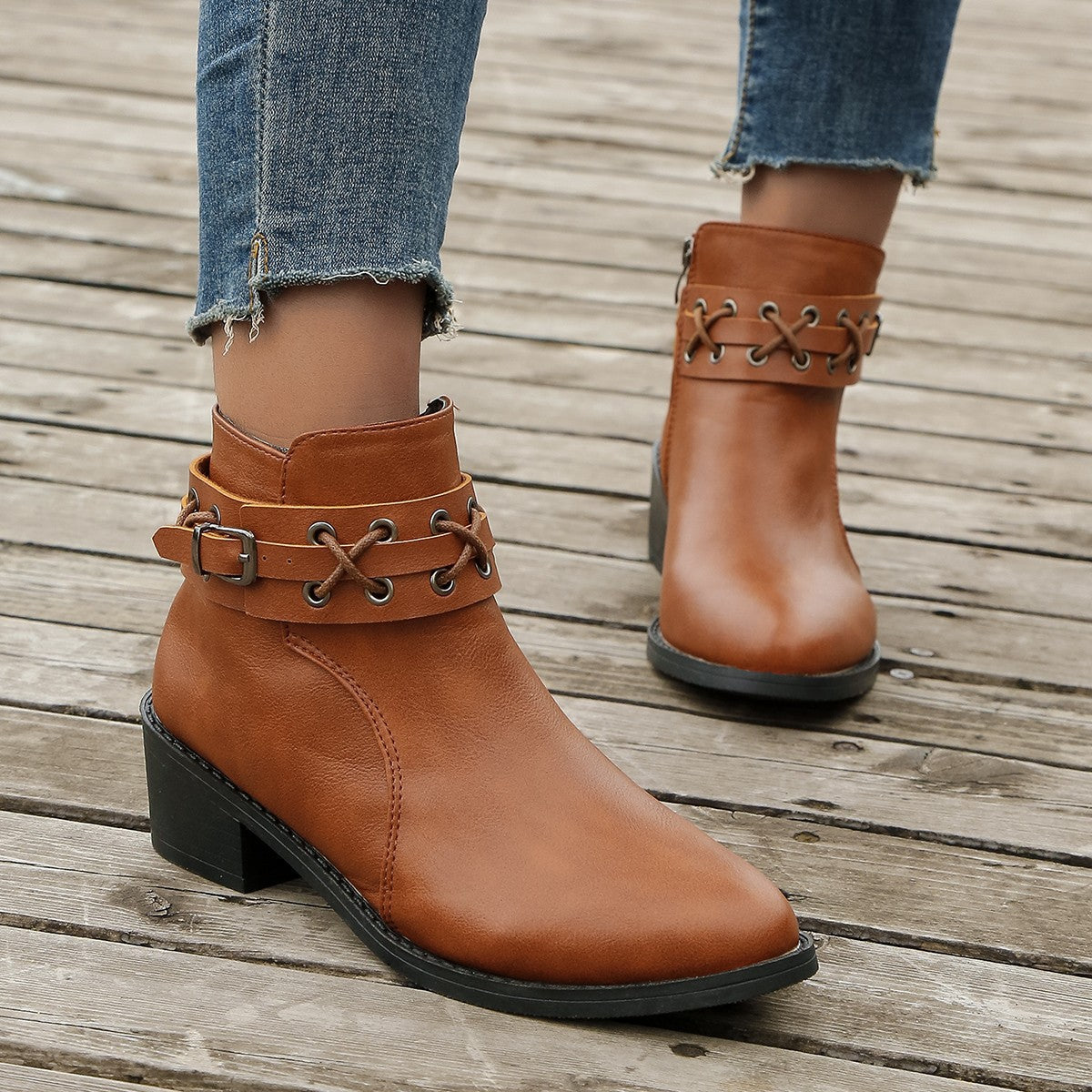 Damen Stiefeletten Schnür-Detail Leder