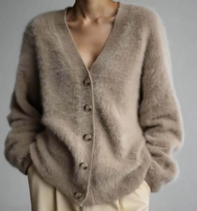 Damen Strickjacke V-Ausschnitt Flauschig Große Knöpfe