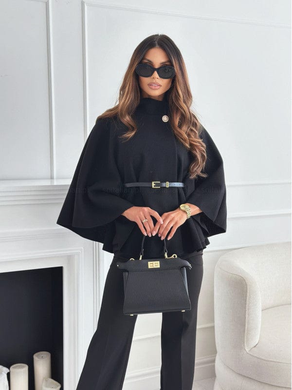 Damen Wollcape Mit Gürtel Und Knopfverschluss