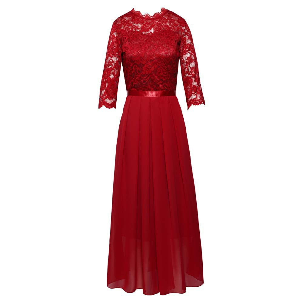 Damen Abendkleid Langärmlig Spitze Chiffon Maxikleid