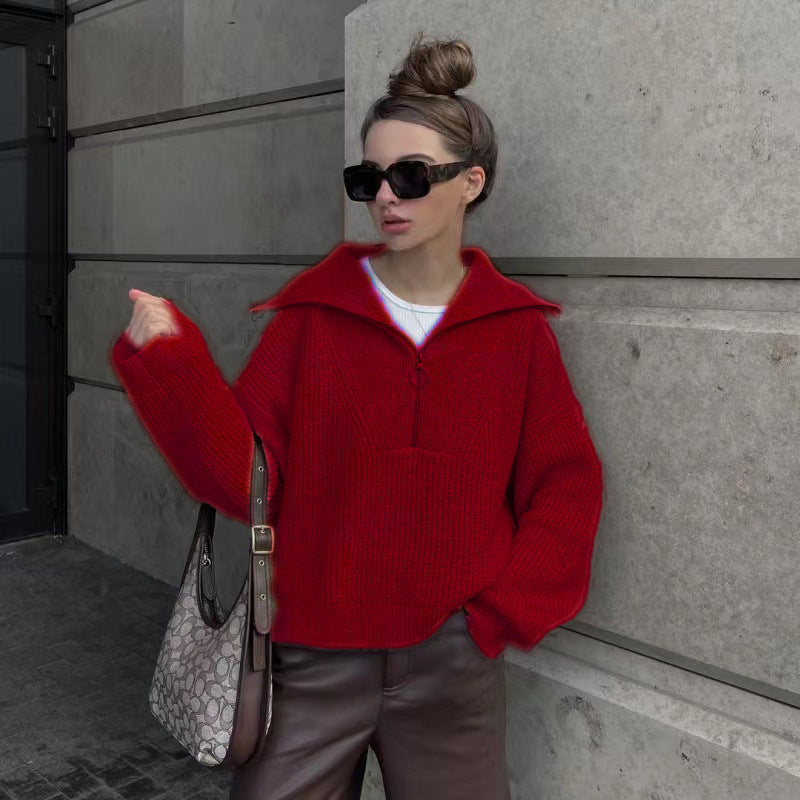 Damen Rippstrickpullover Weich Warm Reißverschluss Lässig