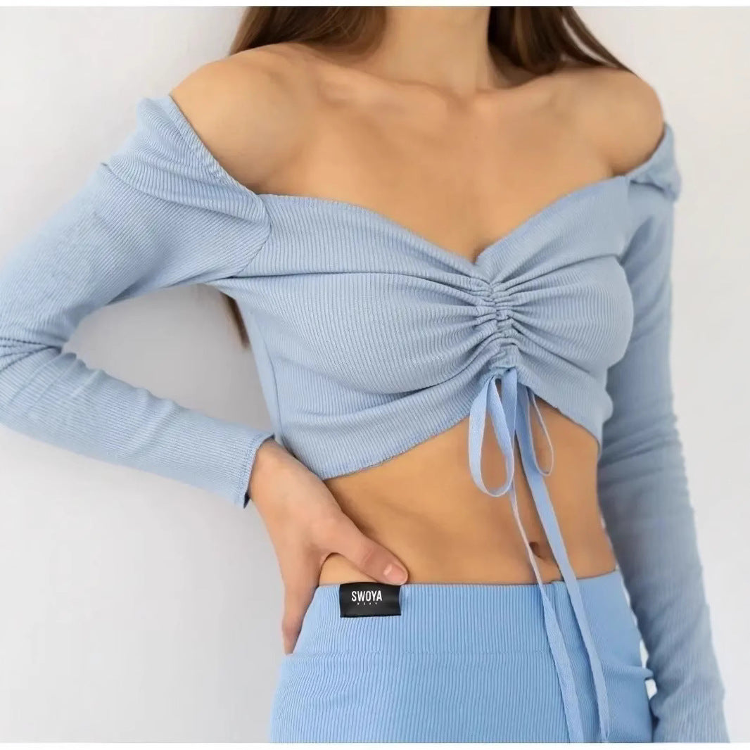 Damen Langarm Crop- Gerafft Bauchfrei