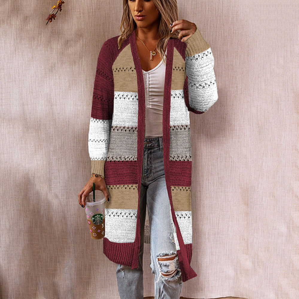 Damen Strickjacke Lang Streifenmuster Offen
