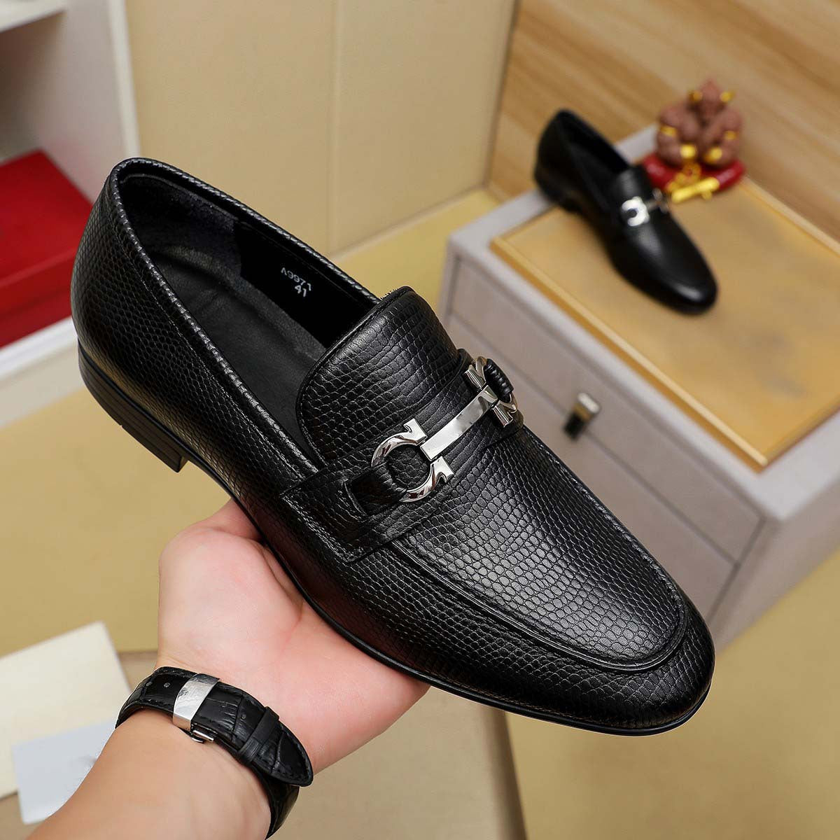 Herren Mokassin Leder Mit Metallverschluss