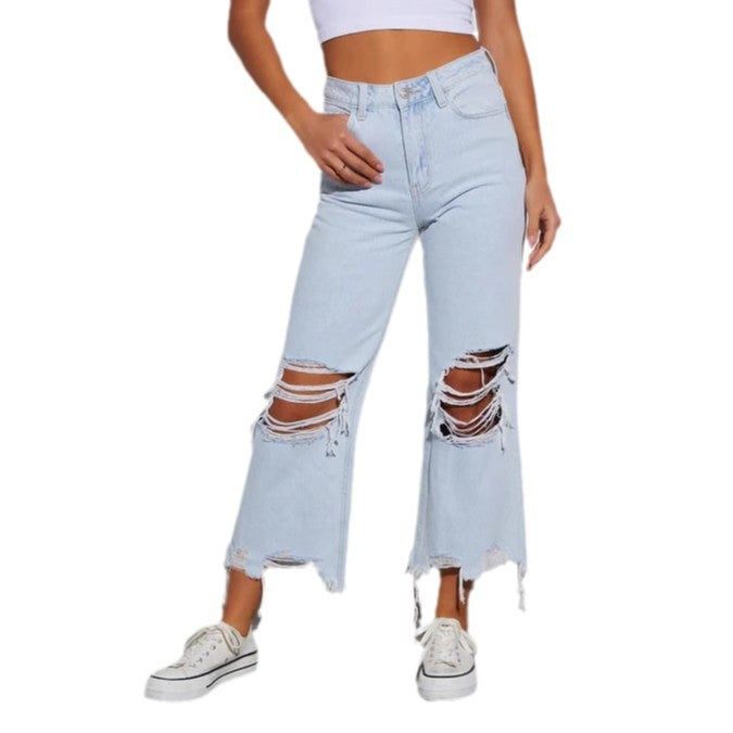 Damen Ripped Mom Jeans Rippen-Details Blau
