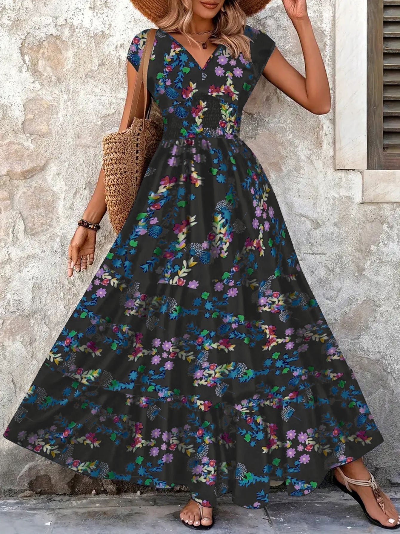 Damen Maxikleid Blumenmuster Baumwolle Schmeichelnder Schnitt