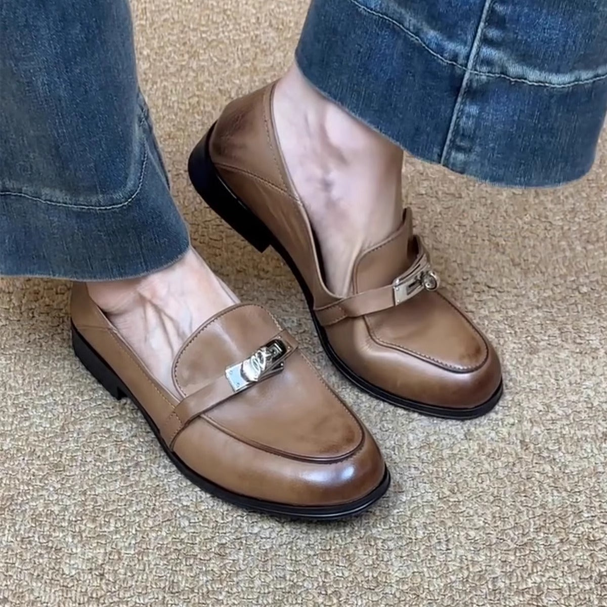 Damen Loafers Leder Elegante Schnalle