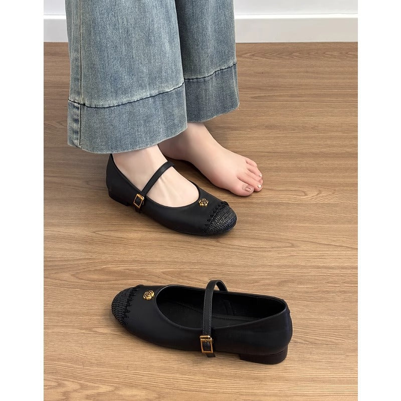 Damen Ballerinas Schuhe Bast Akzent Riemenverschluss Elegantes Design