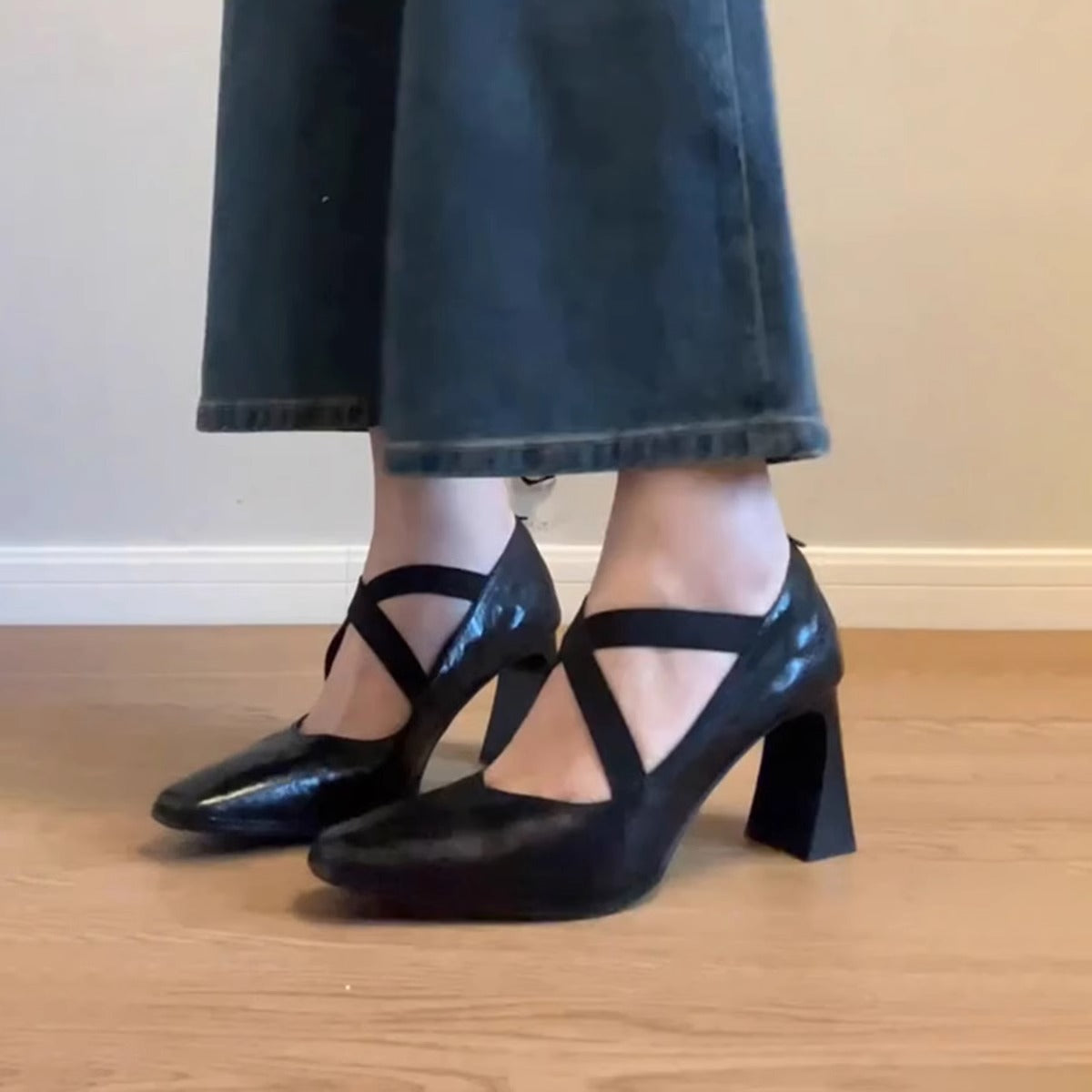 Damen Pumps Riemen Blockabsatz Elegantes Leder