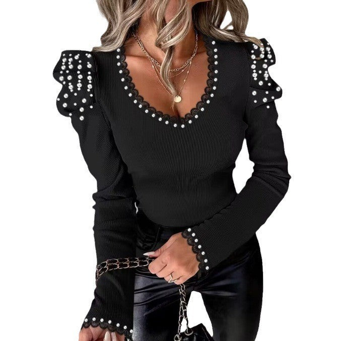 Damenbluse Rüschensaum mit Perlen Dekor Elegant