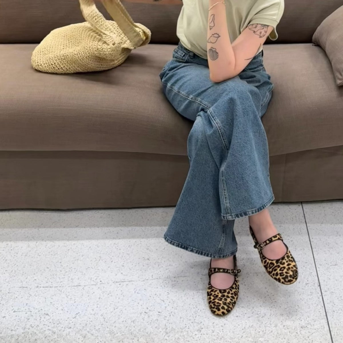 Damen Ballerinas Leopardenmuster Schnürsenkel
