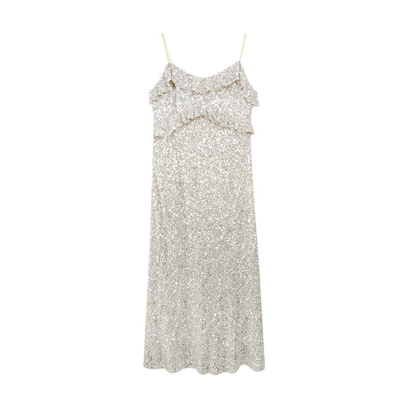 Damen Rüschenkleid Ärmellos Glitzernd Partykleid