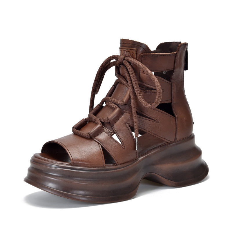 Damen Plateau Sandalen Leder Schnürsystem Modern