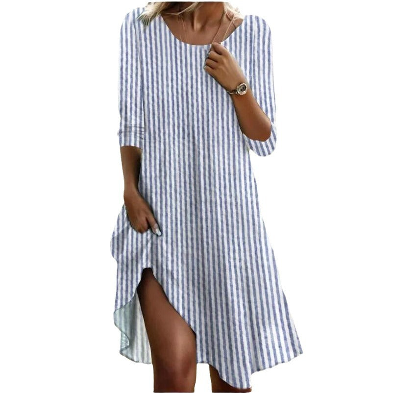 Damen Sommerkleid Streifenmuster Mit Seitenschlitz Leicht