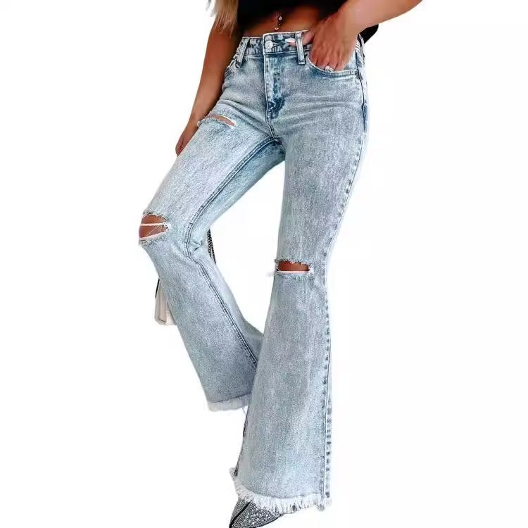 Damen Flare Jeans Ripped mit Fransen